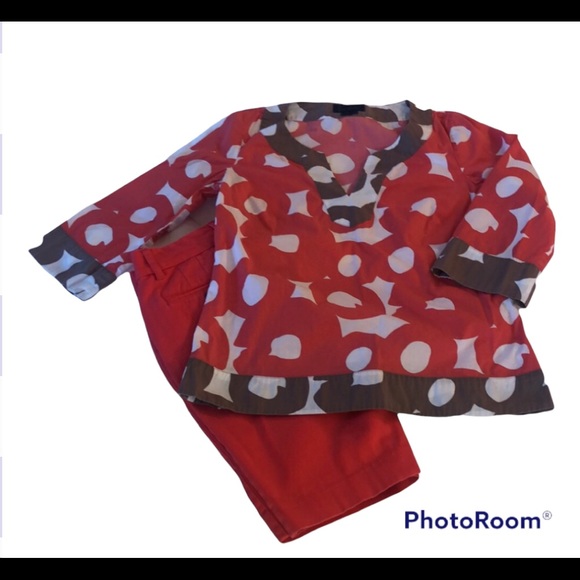Boden Tops - Boden Coral Red & Brown Print Tunic Top